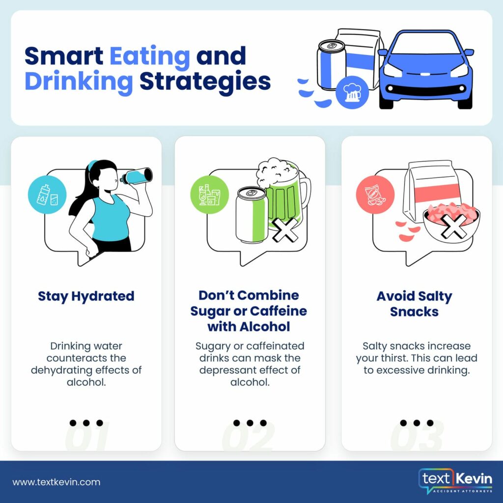 An infographic titled "smart eating and drinking strategies" with three panels advising to drink water, avoid mixing sugar or caffeine with alcohol, and steer clear of salty snacks. icons represent each tip.