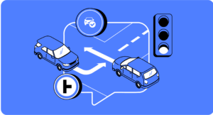 Picture of a car making a left turn in an intersection representing the safe way to complete the turn.
