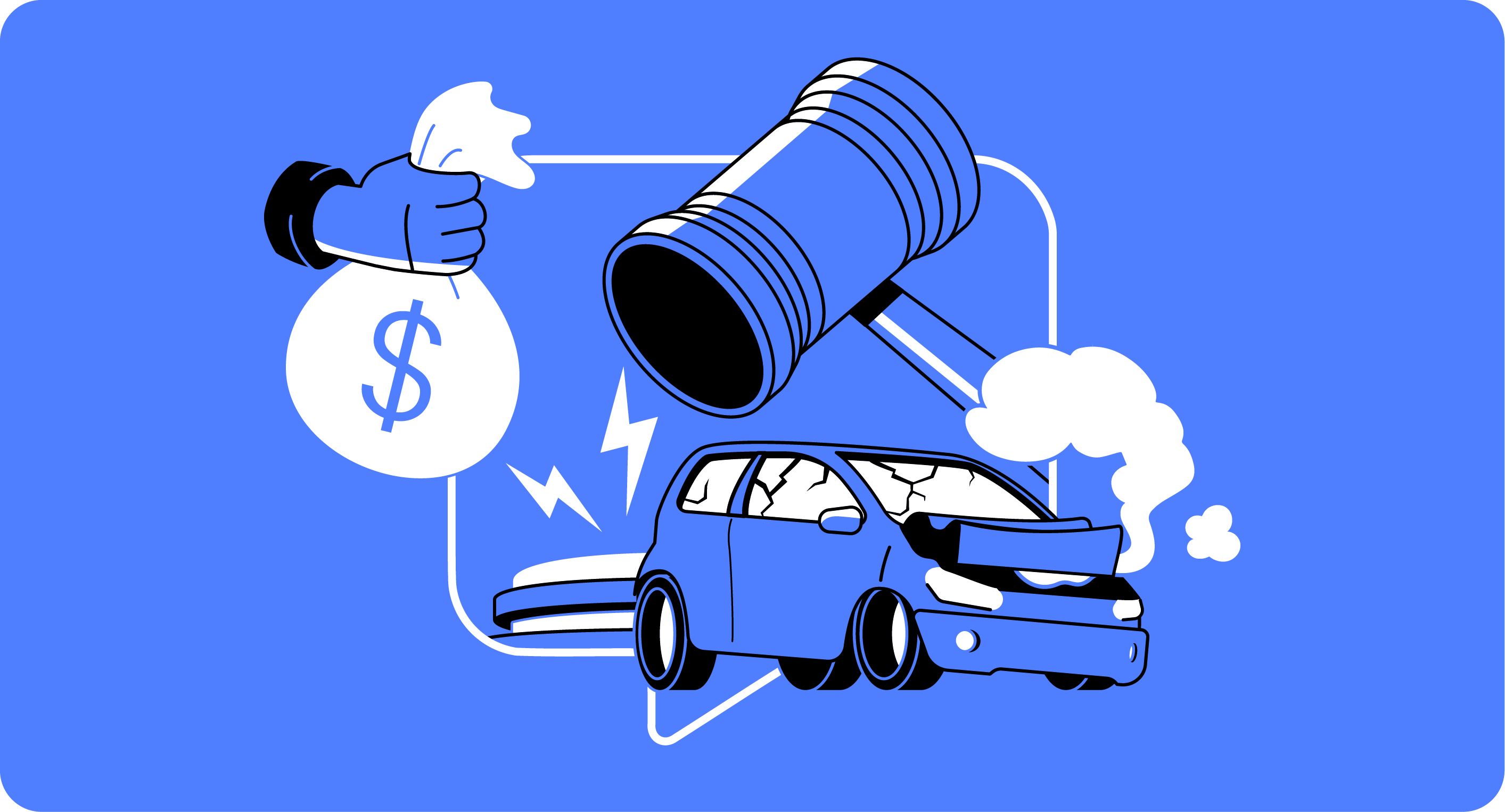 Pictured is a gavel, bag of money and a car accident representing a car accident law suit.
