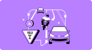 Picture of motorcycle and car driving representing when a motorcycle has the right of way in california