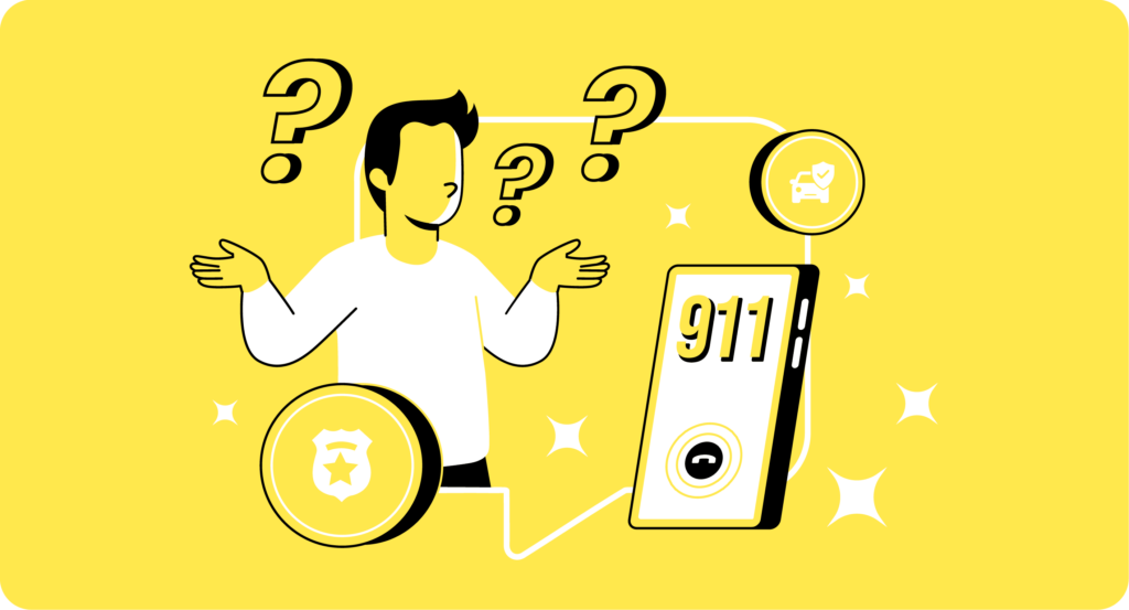 A man standing next to a phone with question marks representing if they should call 911.