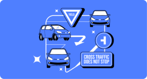 Blue background with car and traffic sign. Yield to cross traffic at yield sign for safe intersection entry.