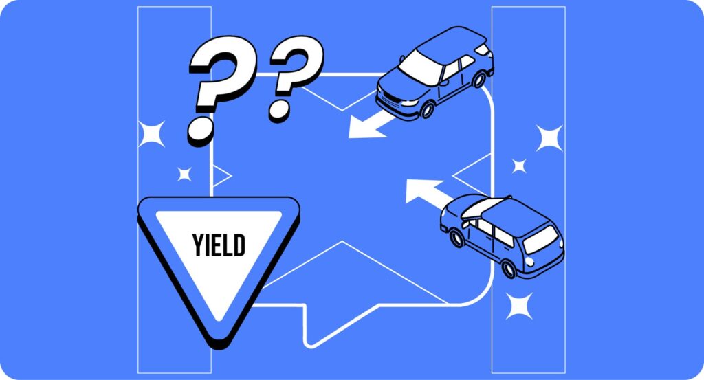 Shows a graphic where If Two Vehicles Approach an Uncontrolled Intersection at About the Same Time, Who Must Yield