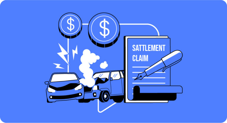 two cars in a collision accident and a dollar sign that represents money and a paper with a settlement claim text on it with a pen