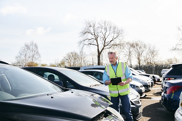 Mature male loss adjuster wearing hi-vis safety vest standing in compound for damaged cars compiling insurance claim report on digital tablet