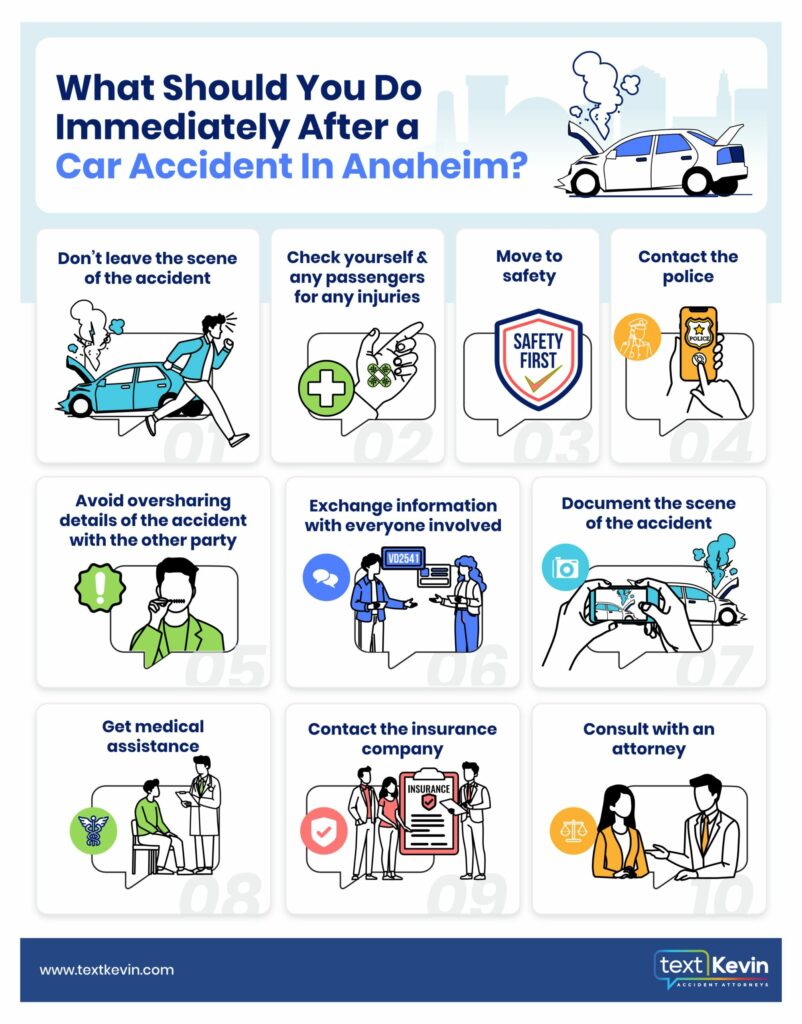 Infographic photo: Immediately after an accident in Anaheim, CA. Call emergency services and report the incident. Seek medical help if needed.