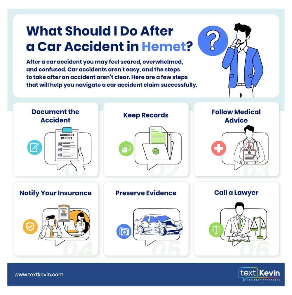 After a car accident at home, assess injuries, call emergency services, exchange information, document the scene, and contact insurance company.