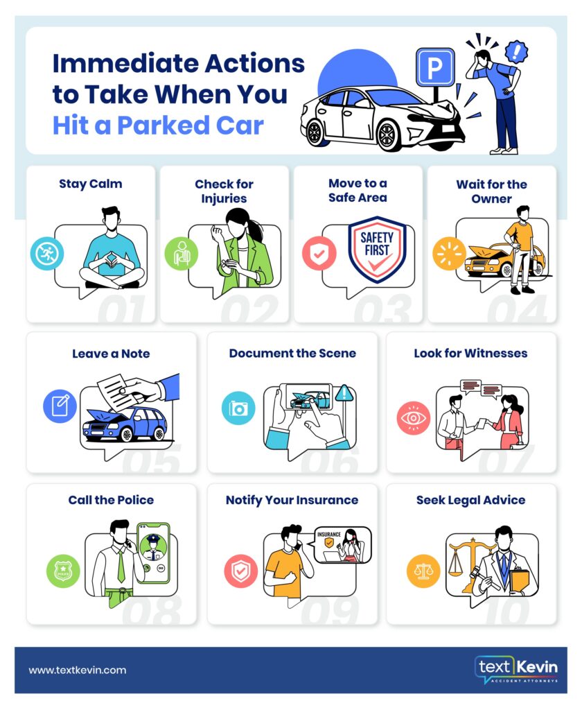 An infographic photo that shows immediate actions to take when you hit a parked car